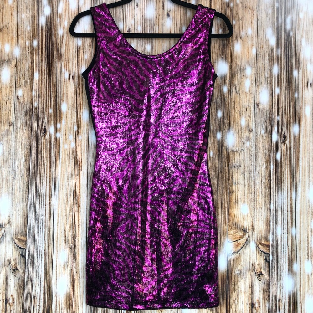 Derek Heart Purple Zebra Print Sequined Open Back Tank Dress